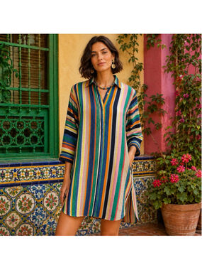 Vilagallo Linen Blend Striped Colorful Resort Shirt Dress 44 Portugal NWOT